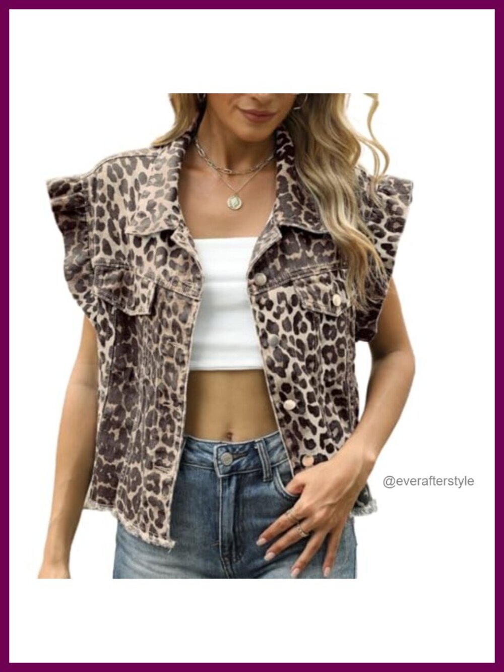 Denim Vest Top Ruffled Sleeve Button Down Collared Crop Summer Casual